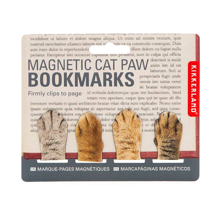Magnetic bookmarks designed as cat paws in different fur patterns on a printed packaging. Text on packaging reads "Magnetic Cat Paw Bookmarks."