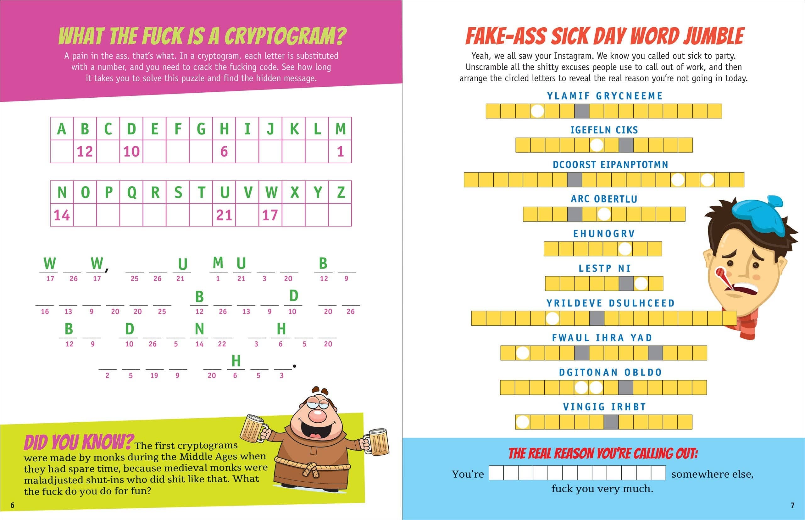 Two-page game book spread with a purple and blue background. Left page features a cryptogram puzzle with a humorous description about cryptograms, numbered letters, and a cartoon monk holding a pencil and paper. The right page presents a word jumble titled "Fake-Ass Sick Day Word Jumble," with scrambled words to decipher and a cartoon of a sick man wearing a hat and holding a thermometer. Both pages contain playful and cheeky language.