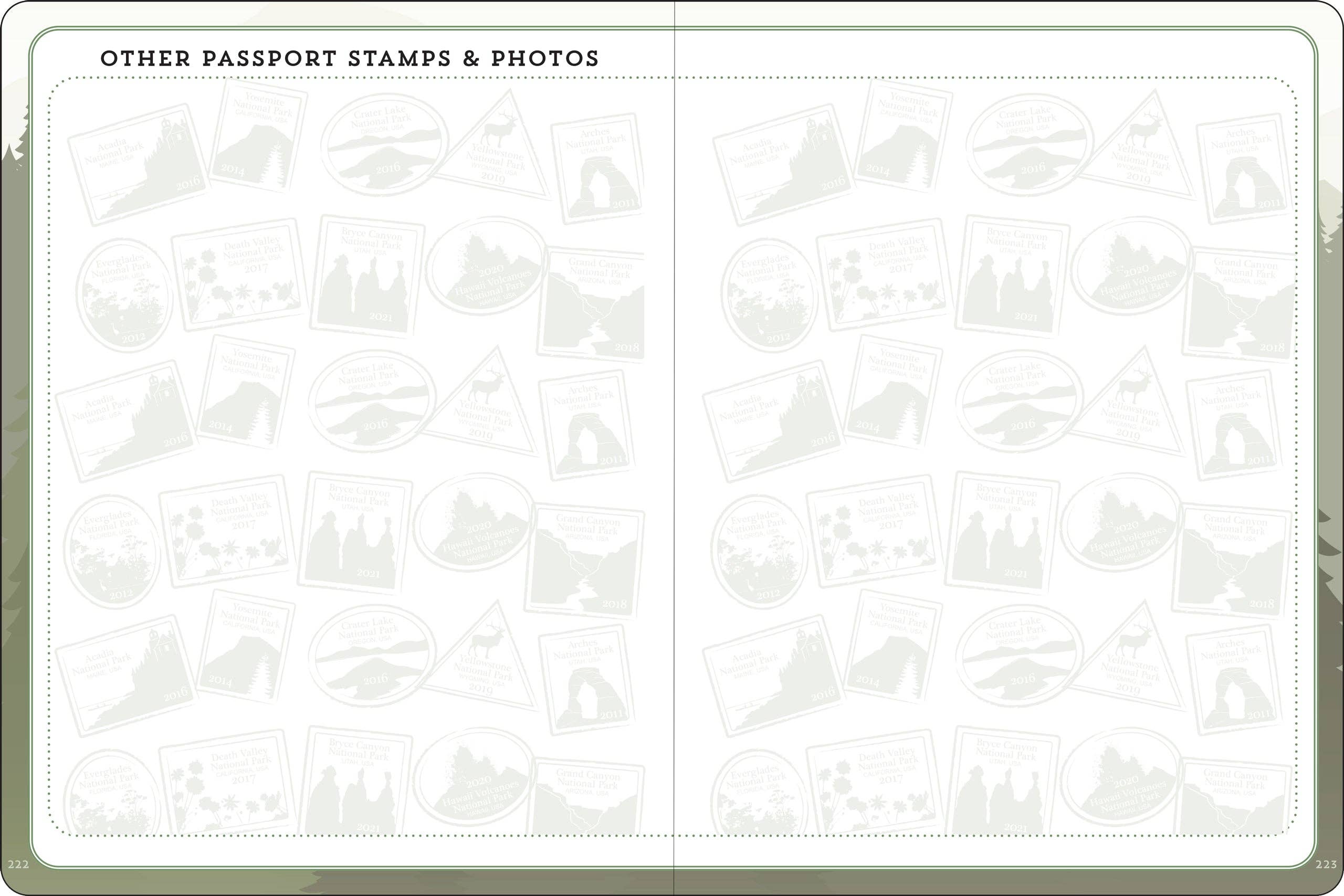 An open passport page labeled "Other Passport Stamps & Photos" filled with faint, overlapping stamp illustrations oflandscapes and wildlife. Sparse, organized, neutral.