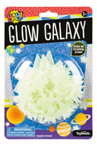 Packaging of "Glow Galaxy" stick-on stars by Toysmith, featuring 50 glow-in-the-dark celestial shapes. The design includes space-themed graphics.
