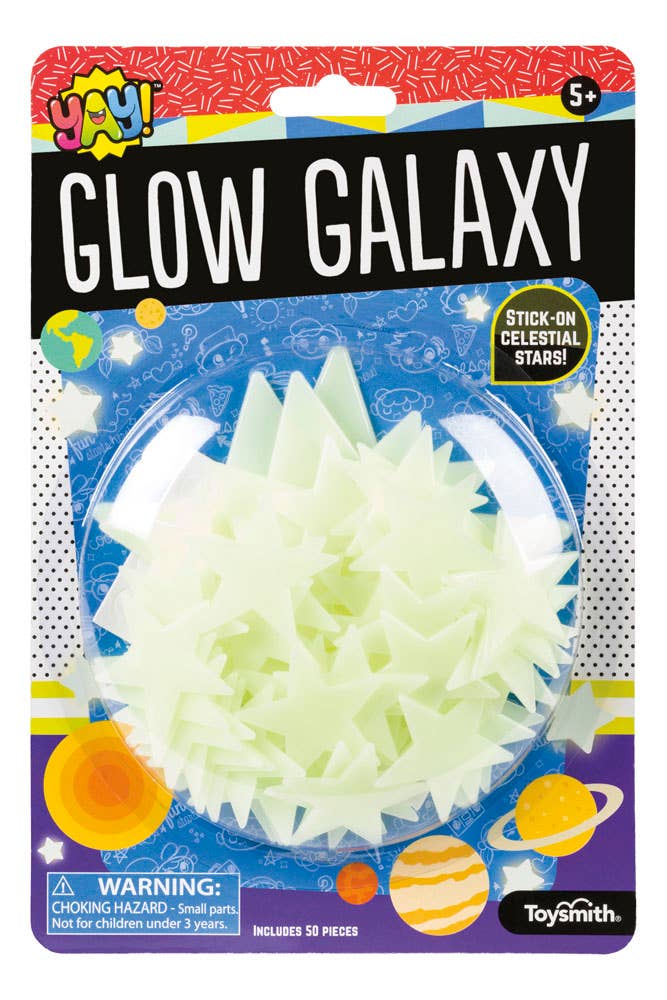 Packaging of "Glow Galaxy" stick-on stars by Toysmith, featuring 50 glow-in-the-dark celestial shapes. The design includes space-themed graphics.