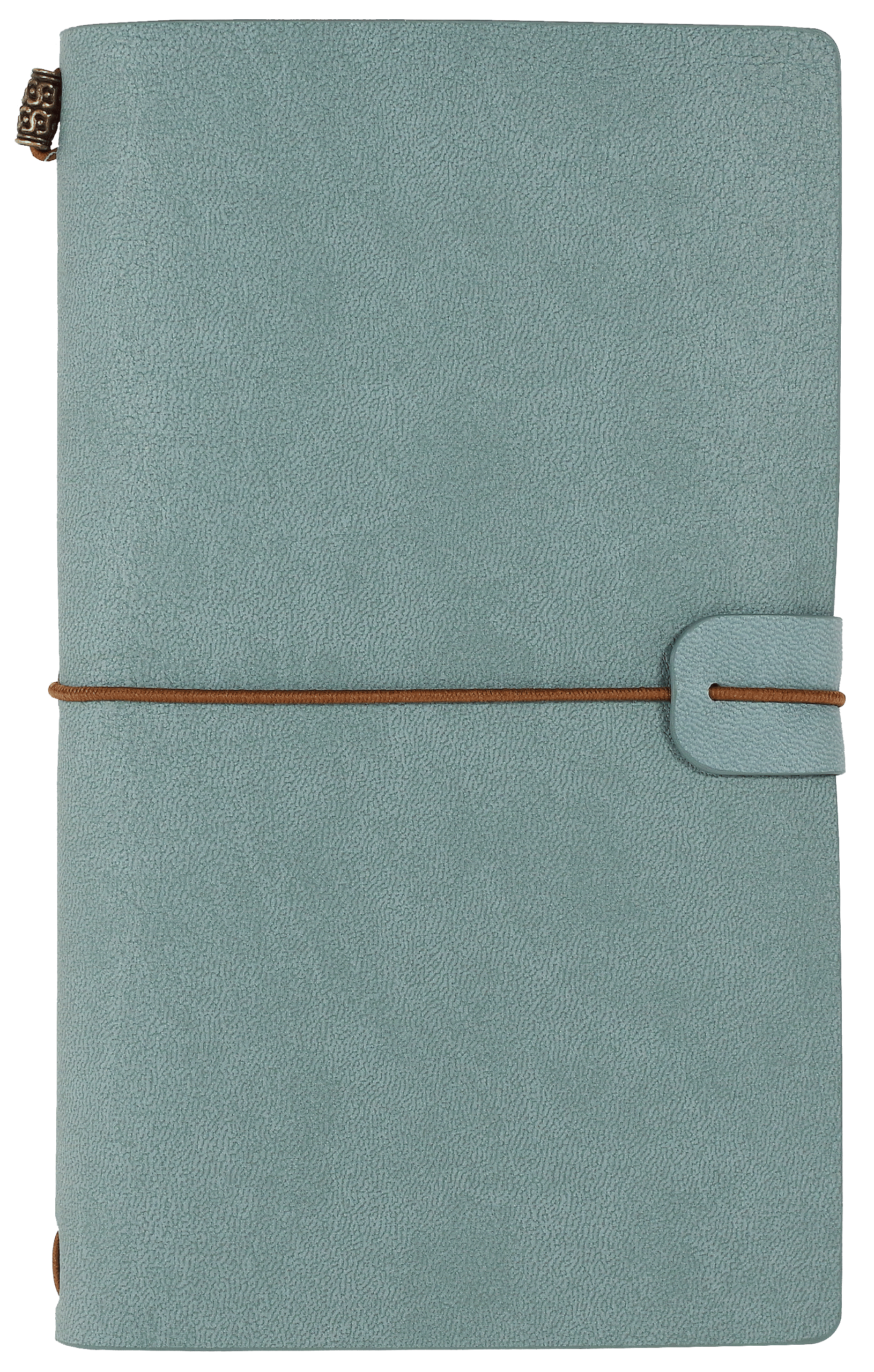 Soft blue textured notebook with a brown elastic loop closure. Minimalist design conveys a sense of simplicity and elegance.