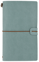 Soft blue textured notebook with a brown elastic loop closure. Minimalist design conveys a sense of simplicity and elegance.