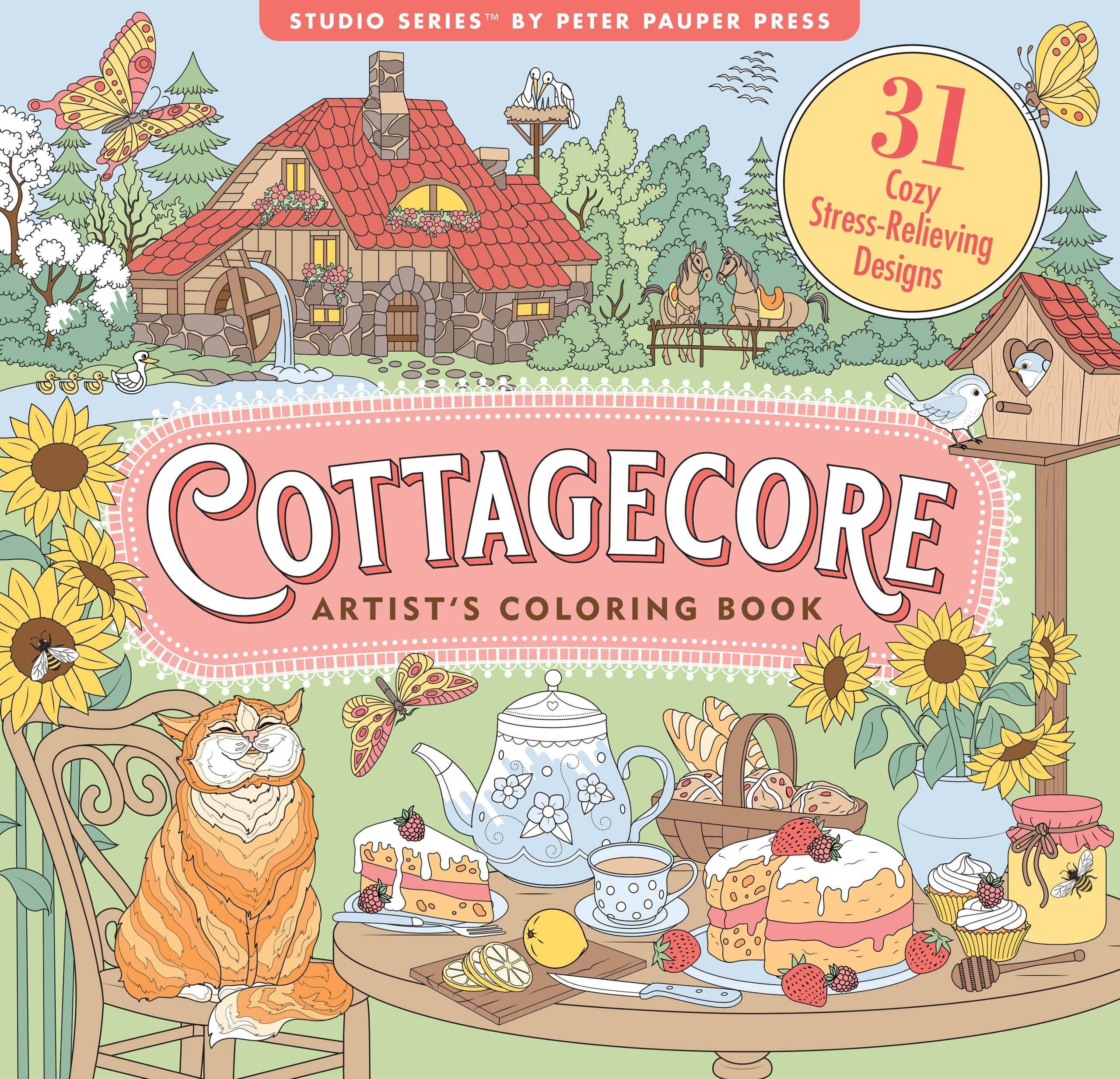 Cozy cover of "Cottagecore Artist's Coloring Book" features a farmhouse, garden, cat, tea set, and sunflowers, evoking a peaceful countryside scene.