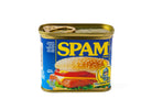 A can of Spam Classic with a blue label, featuring a sandwich topped with a sesame seed bun. The Spam text is bold in yellow, evoking a nostalgic feel.