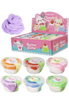Butter Slime packaging with various slime containers and a display box on a white background