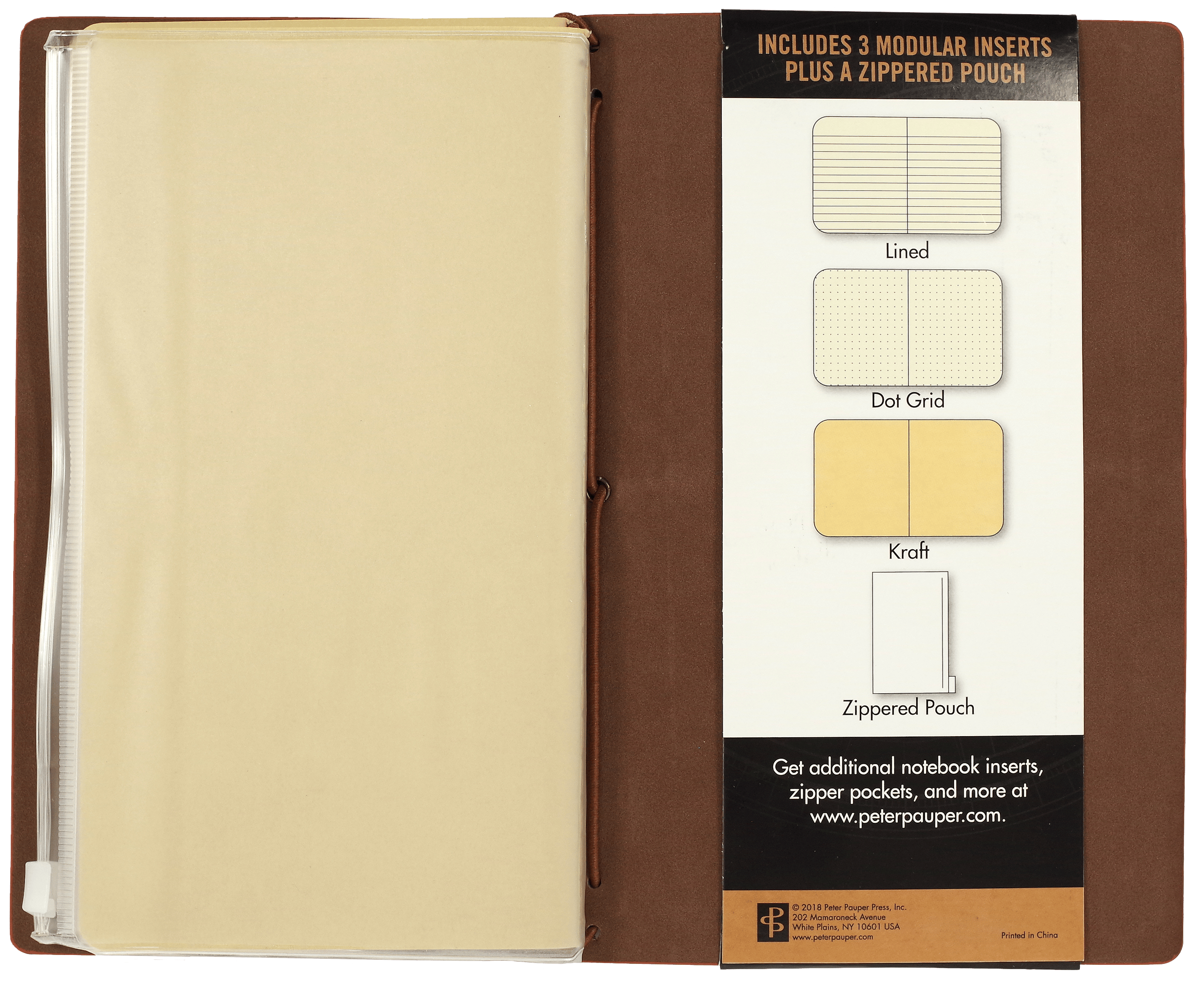 Open brown notebook displaying a plastic zippered pouch on the left and a panel listing modular inserts: lined, dot grid, kraft, and zippered pouch.