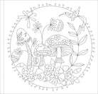Line art illustration of whimsical mushrooms, flowers, and leaves within a circular frame. A bird and dragonfly decorate the outer edge. Playful and intricate design.