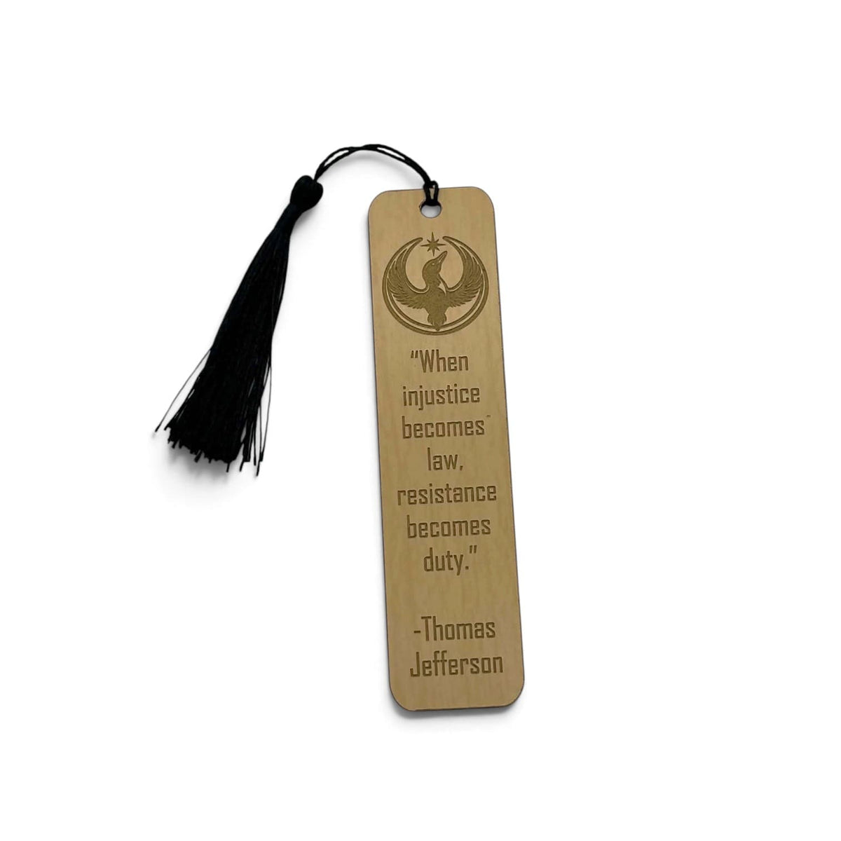 Full view of Rebel Loon bookmark and black tassel