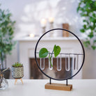 Modern plant holder with test tubes and green leaves on a wooden base, set on a white table. Background includes a succulent, misters, and blurred candles, conveying a serene, stylish atmosphere.