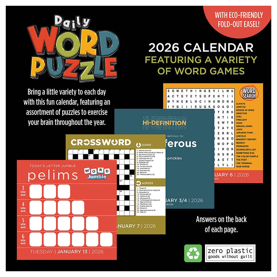 2026 calendar titled 'Daily Word Puzzle' features various word games like word search, crossword, and word jumble. The design is colorful and playful. Promotes eco-friendly materials and includes answers on the back of each page.