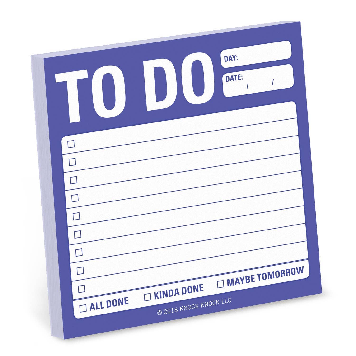 A purple to-do list notepad with spaces for day and date at the top. It includes checkboxes for tasks, with options "All Done," "Kinda Done," and "Maybe Tomorrow."