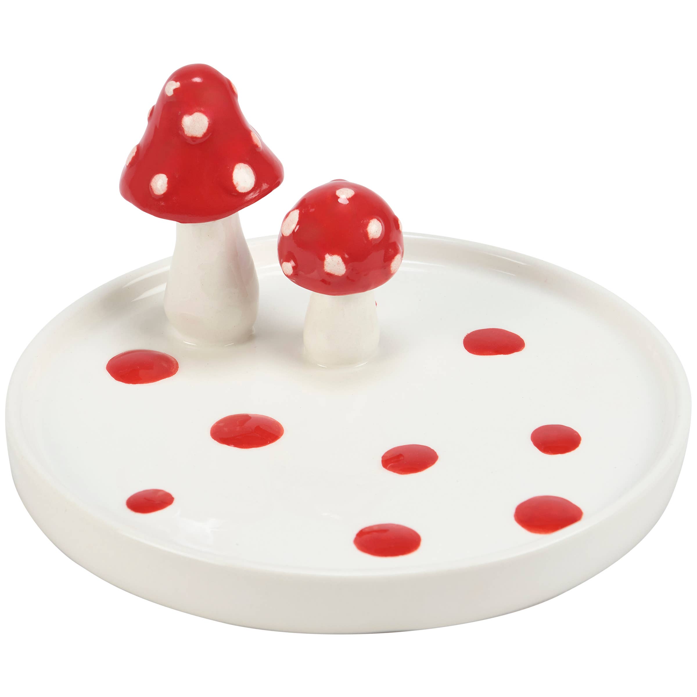 Ceramic plate featuring two red and white spotted mushroom figurines. The white plate is dotted with red spots, conveying a whimsical, decorative tone.