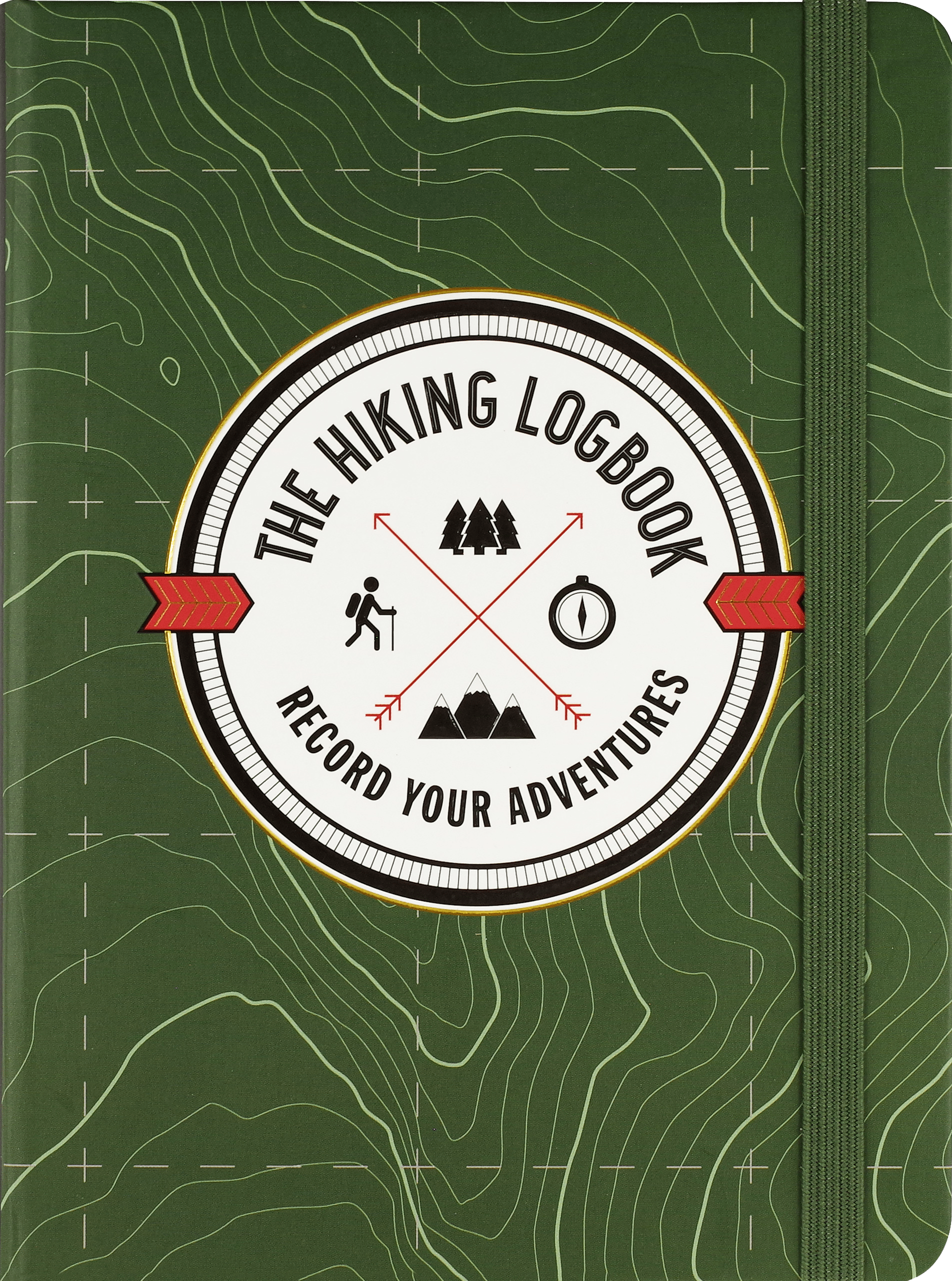 Green hiking logbook cover with topographical map lines. Central badge reads "The Hiking Logbook" and "Record Your Adventures" with symbols of trees, a hiker, compass, and mountains.