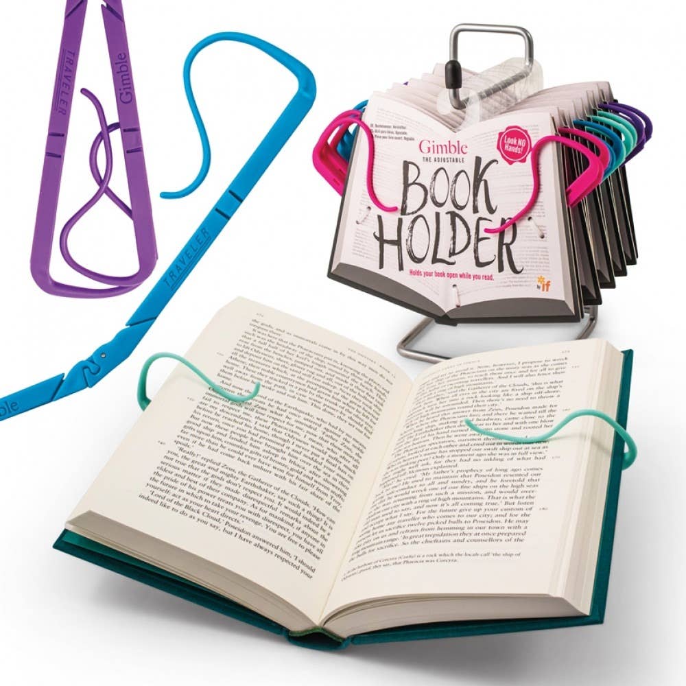 Colorful book holders shaped like hooks secure open pages of books. Display shows multiple holders in various colors, emphasizing functionality and design.