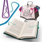 Colorful book holders shaped like hooks secure open pages of books. Display shows multiple holders in various colors, emphasizing functionality and design.