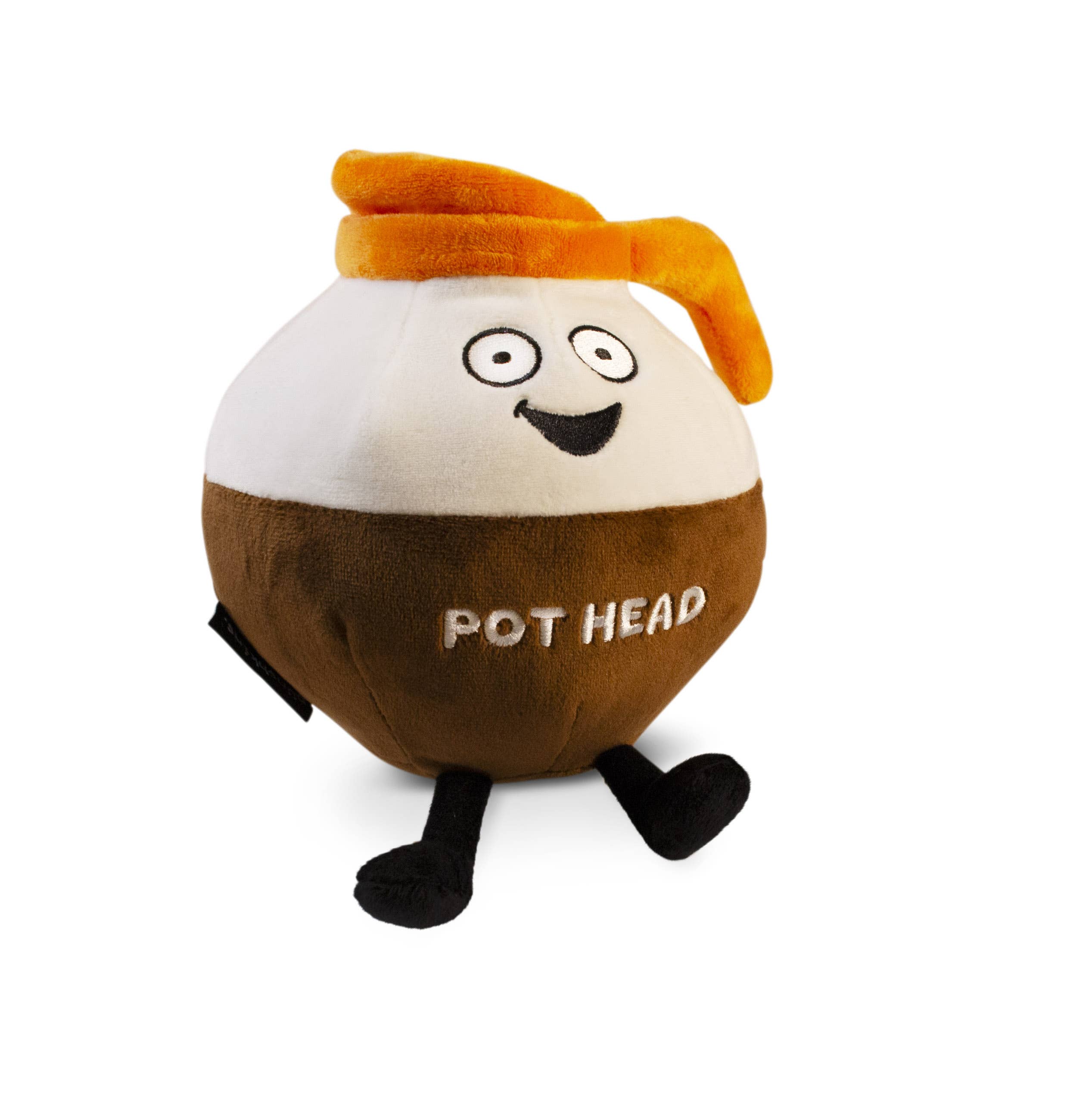 A brown and white coffee pot plushie with an orange pour spout. The white portion has a smiley face, and the brown portion features white text that says "Pot Head." The plushie has black legs sticking out.