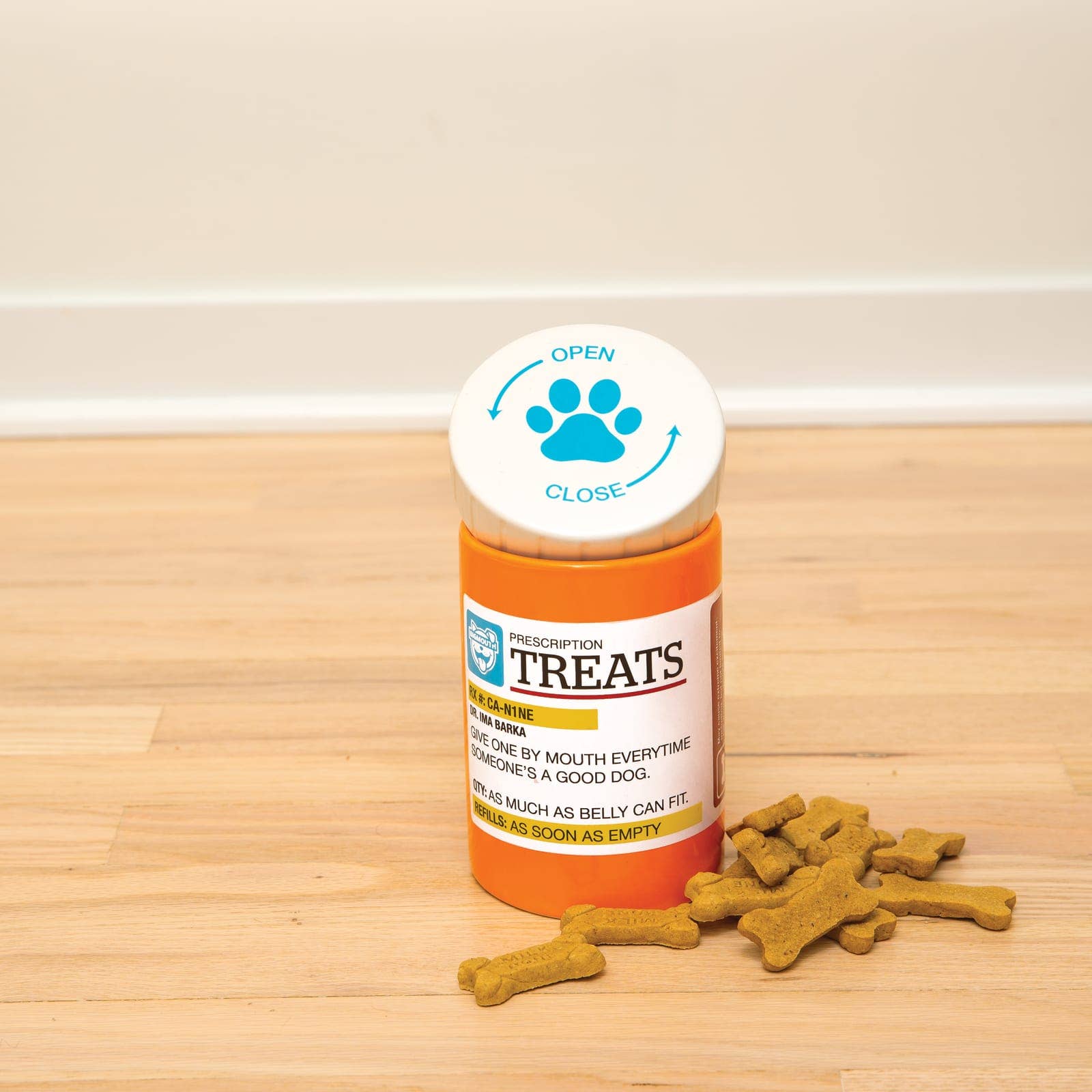 Prescription-style bottle labeled "Treats" with playful text, surrounded by bone-shaped dog treats on a wooden floor. Light-hearted, humorous tone.