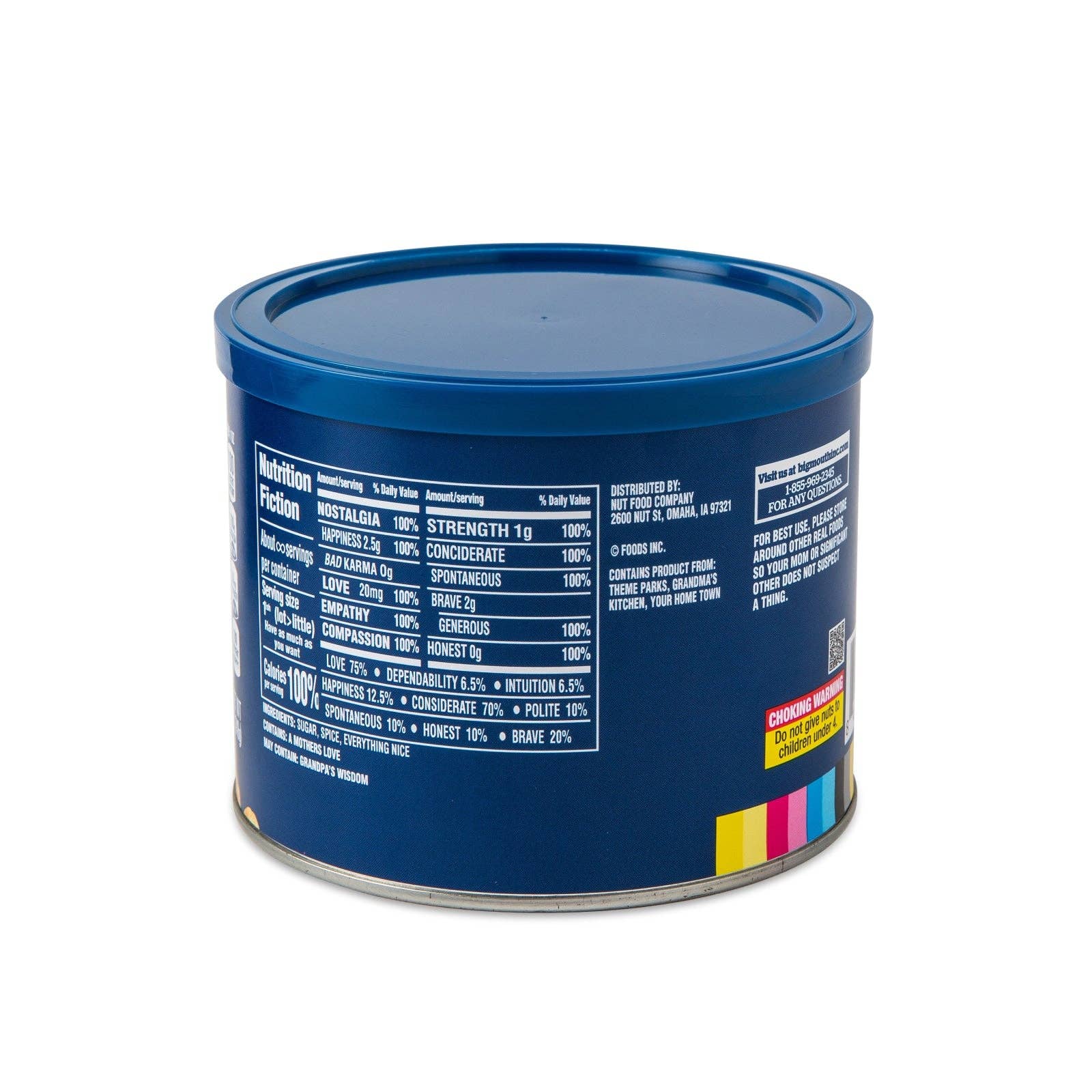 Blue tin can displaying a humorous "Nutrition Fiction" label with exaggerated emotional qualities like nostalgia and empathy. Playful and whimsical tone.