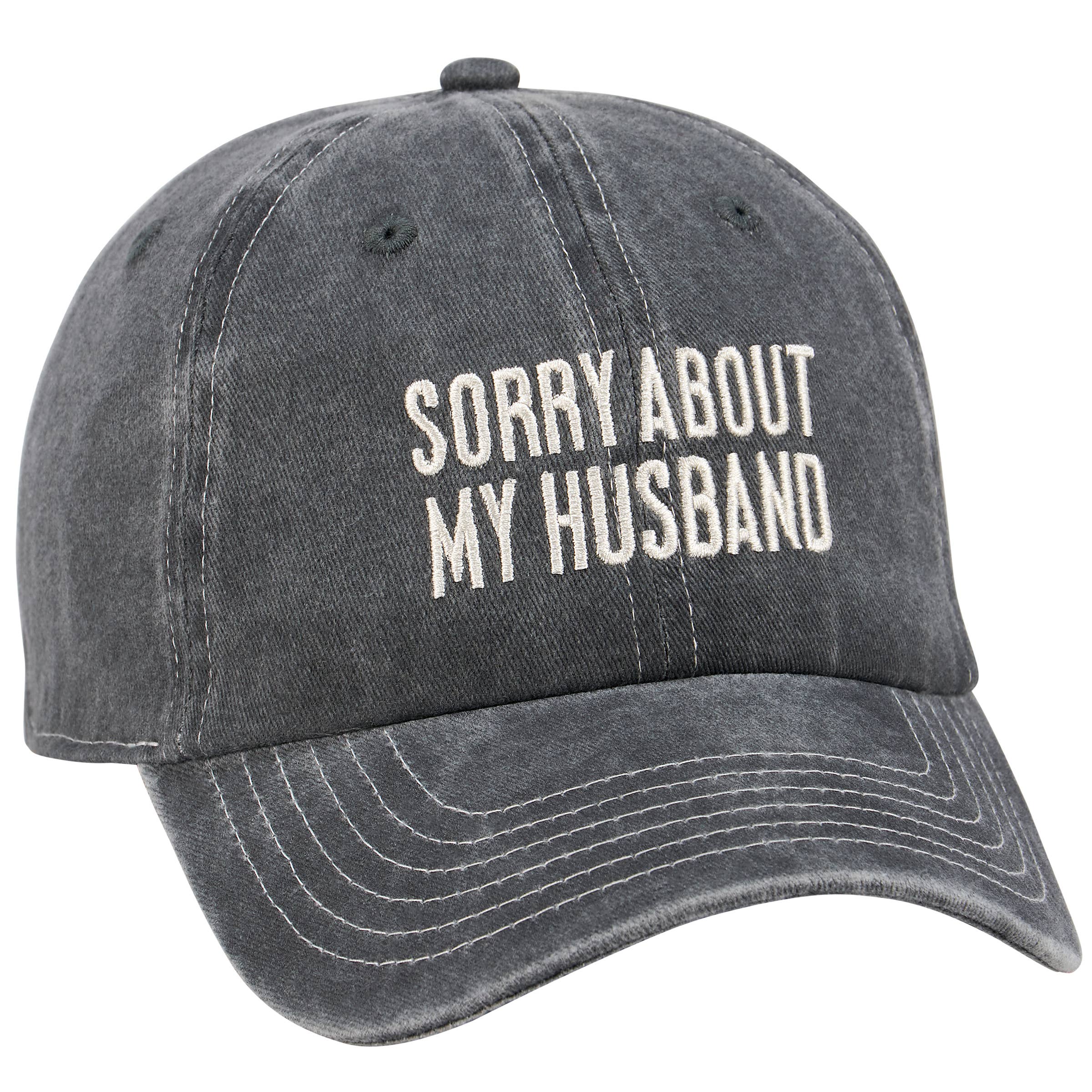Gray cap with 'Sorry About My Husband' text on a white background