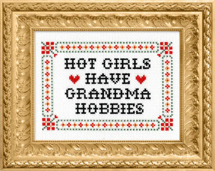 Cross-stitched text 'HOT GIRLS HAVE GRANDMA HOBBIES' in a decorative gold frame.