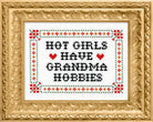 Cross-stitched text 'HOT GIRLS HAVE GRANDMA HOBBIES' in a decorative gold frame.
