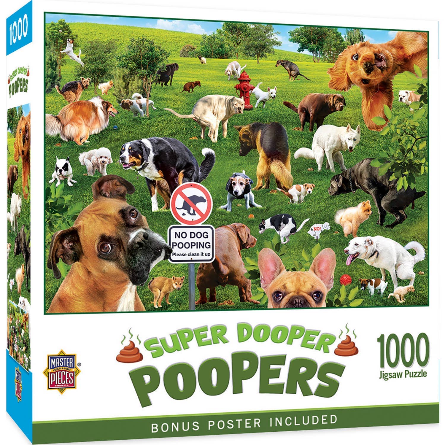Jigsaw puzzle box featuring various dogs and a 'No Dog Pooping' sign on a grassy field background.
