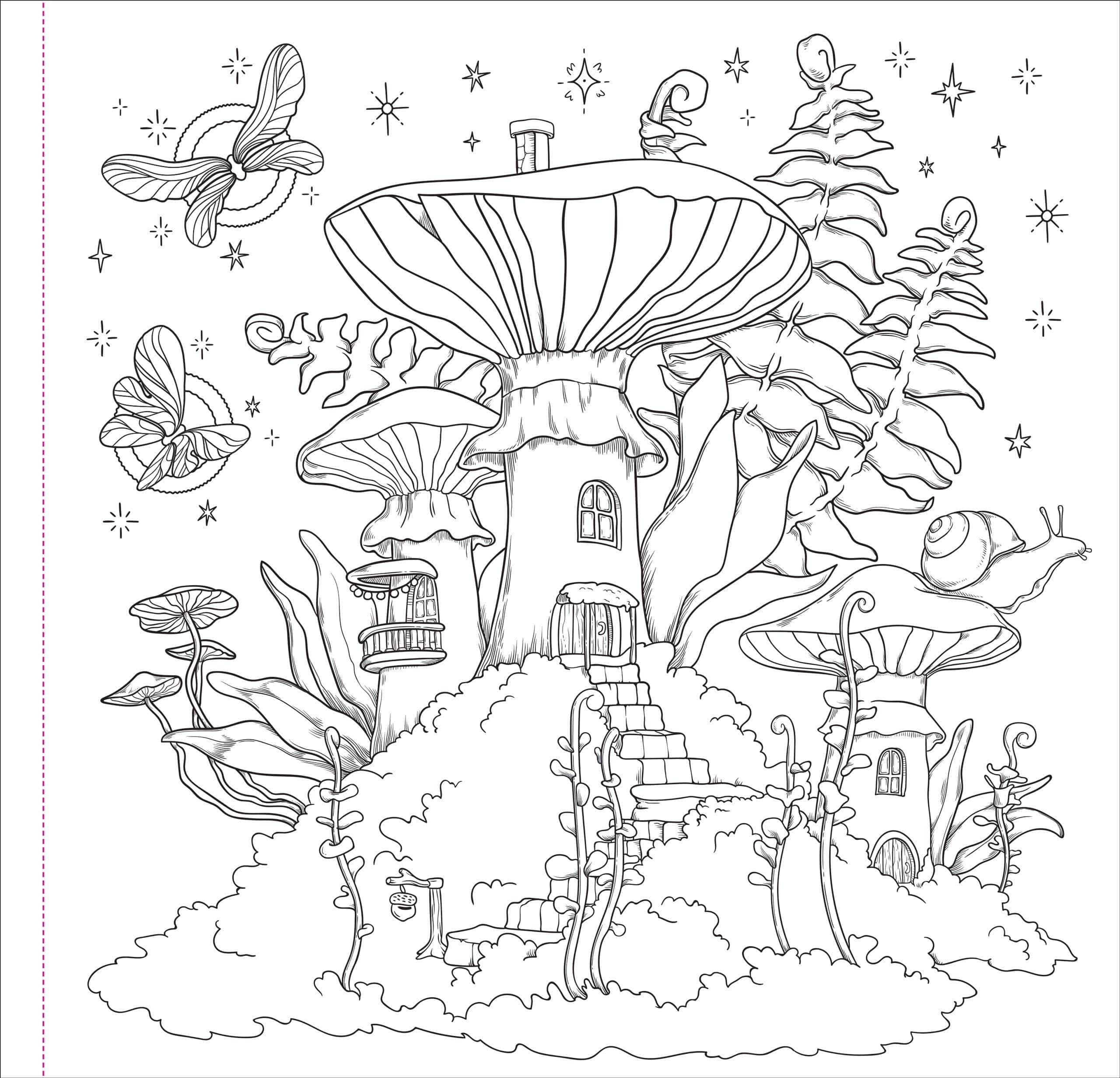 Whimsical illustration shows fantasy mushroom houses with windows and a door, surrounded by foliage, butterflies, and a snail. Night sky with stars.