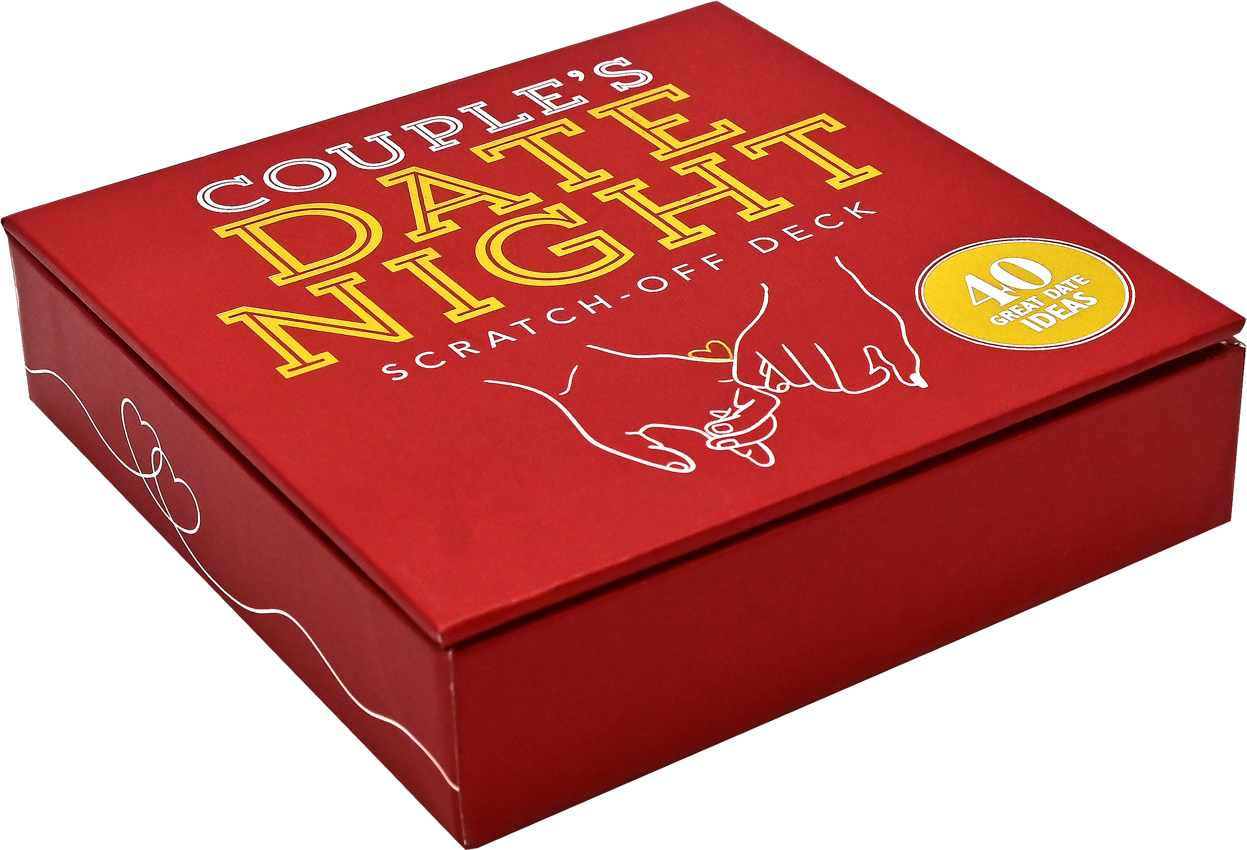 Red box with the text "Couple's Date Night Scratch-Off Deck" in bold yellow and white letters. It features a drawing of two hands holding and promises "40 great date ideas."