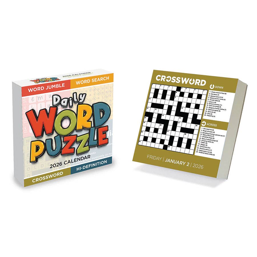 Cover of a 2026 daily word puzzle calendar and an open page featuring a crossword puzzle for January 2. Vibrant colors and playful layout.