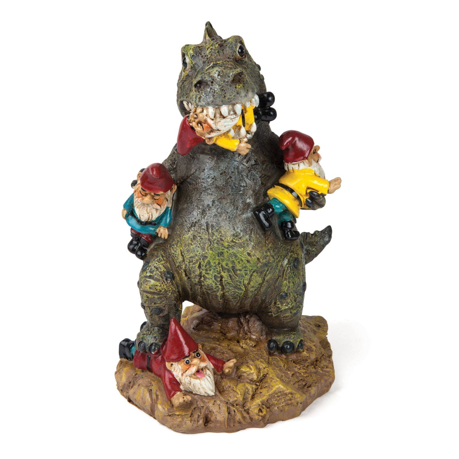 A humorous sculpture depicts a dinosaur with garden gnomes. One gnome is in its mouth, while others cling to its body, exuding a playful chaos.