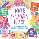 Colorful book cover with motivational stickers and phrases like "Inner F*cking Peace" and "Good F*cking Vibes Only." Vibrant mandala background.
