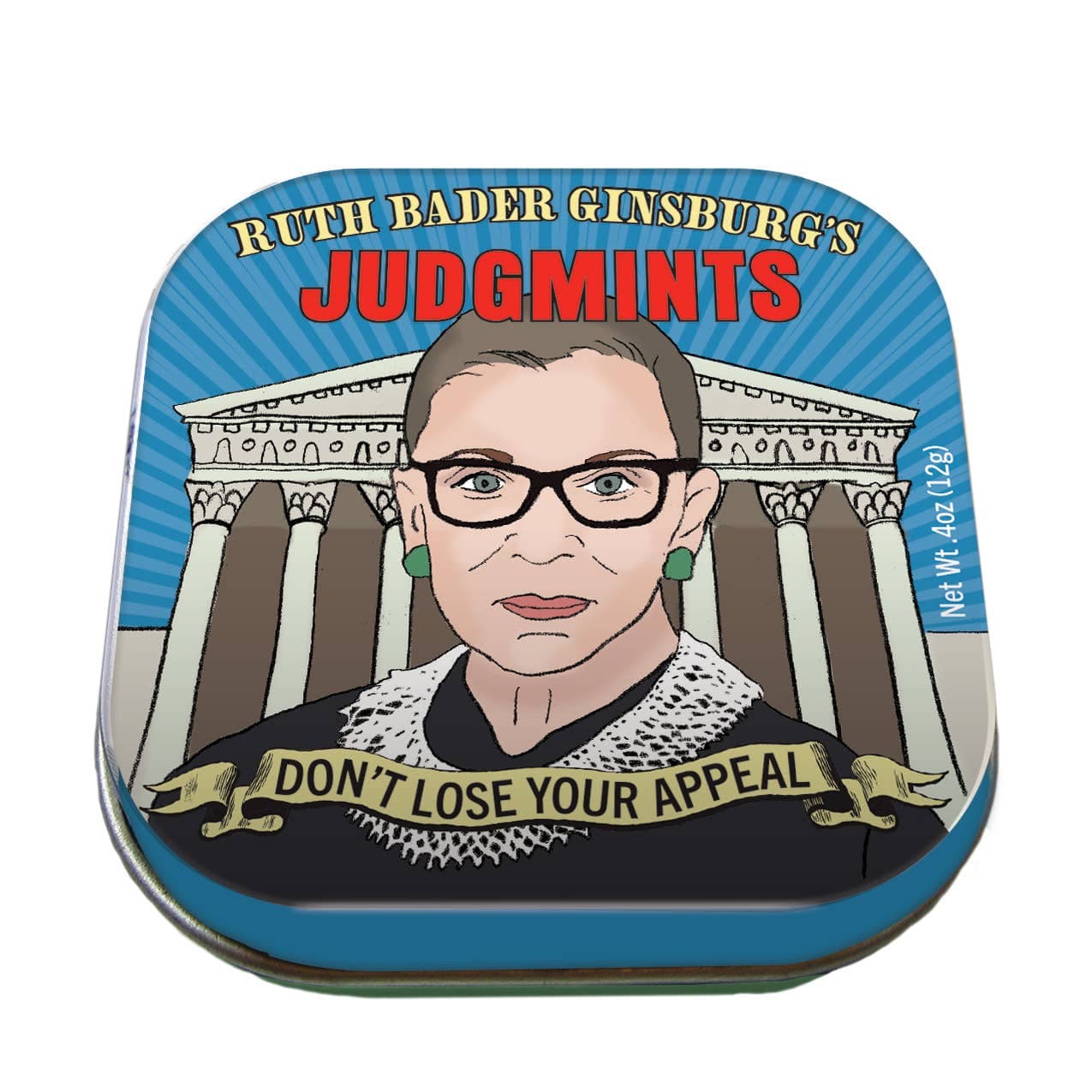 Illustrated tin labeled "Ruth Bader Ginsburg's Judgmints," featuring a drawing of Ginsburg in front of a courthouse. Banner reads "Don't Lose Your Appeal." Playful tone.