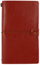 Red leather notebook with a smooth texture, secured by a brown elastic band and a loop closure. It conveys a stylish and professional tone.