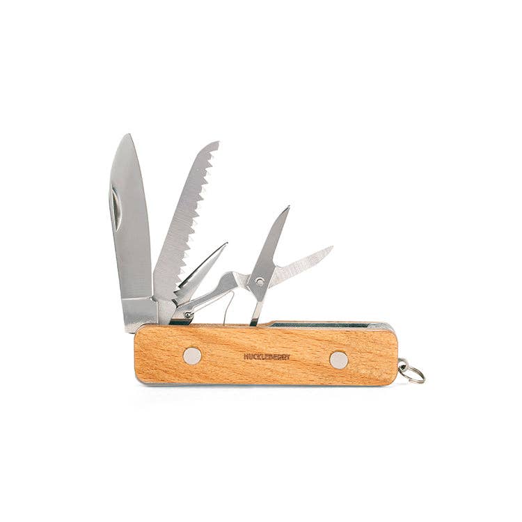 Wood-handled pocket knife with various open tools, including a saw, scissors, and a blade, showcasing versatility. It's a functional and rugged design.