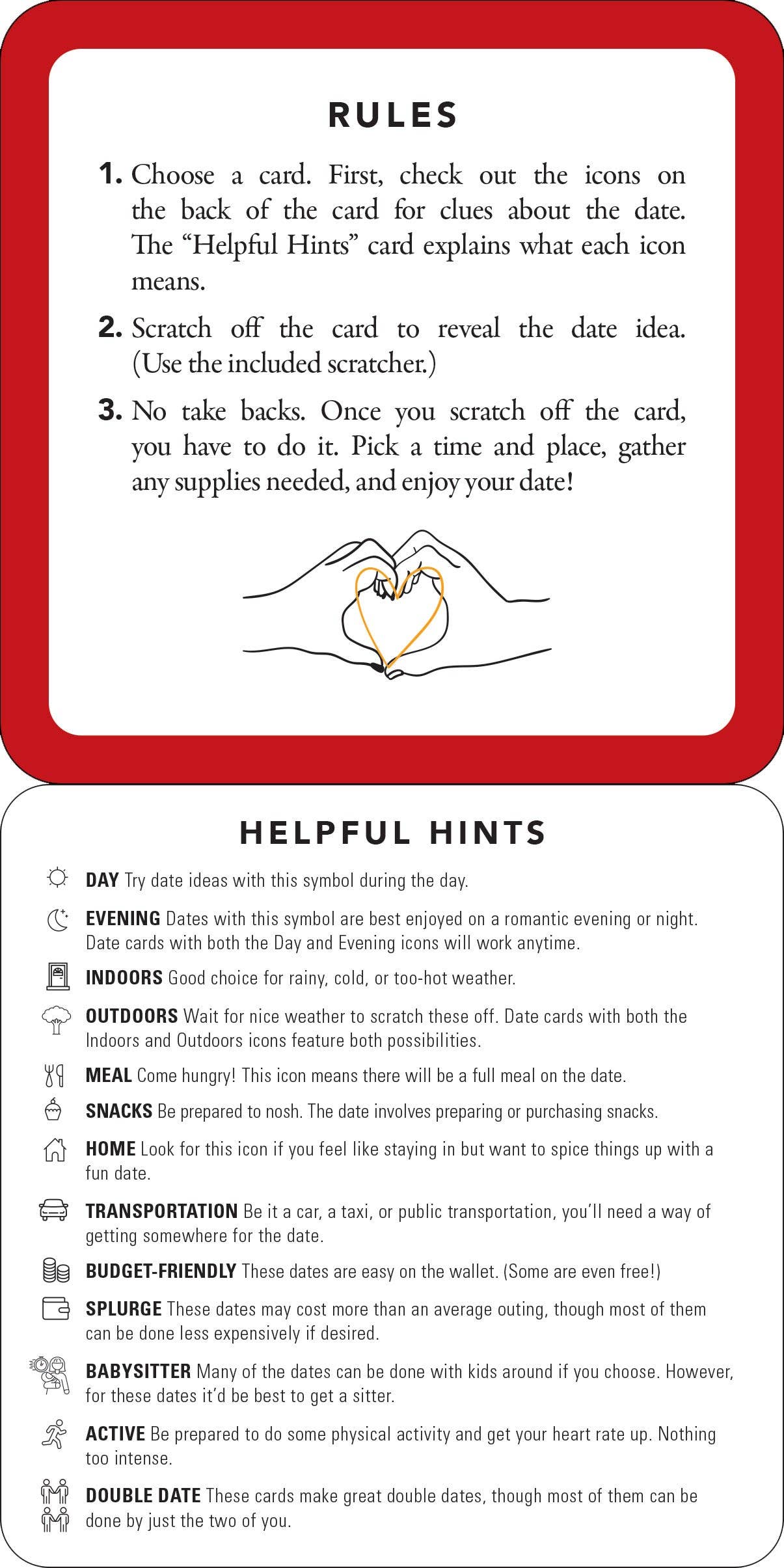 Flyer with rules for a date card game above helpful hints. Includes a scratch-off card instruction and symbols guide for various date activities, such as Day, Evening, Indoors, and more. Features playful, encouraging tone.