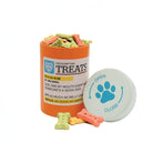 An orange pill bottle labeled "Prescription Treats" is filled with colorful bone-shaped dog treats. The cap, with a blue paw print, sits beside it. Fun tone.