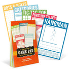 Colorful game pad for kids featuring pages for Dots & Boxes, Categories, Tic-Tac-Toe, Fortune Teller, and Hangman. Cover reads: 'On-the-Go Game Pad, 5 Great Games in One Handy Pad,' conveying a fun and engaging tone.