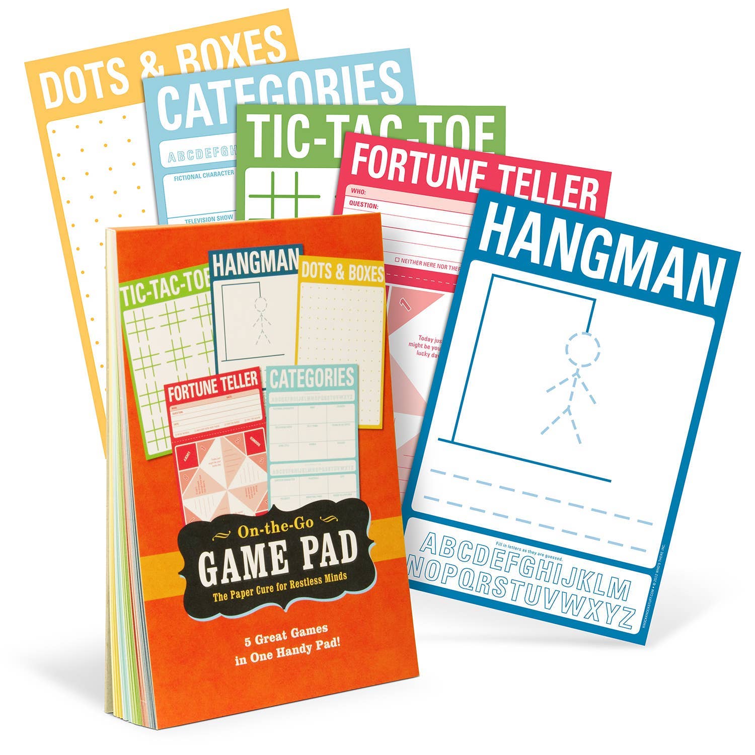 Colorful game pad for kids featuring pages for Dots & Boxes, Categories, Tic-Tac-Toe, Fortune Teller, and Hangman. Cover reads: 'On-the-Go Game Pad, 5 Great Games in One Handy Pad,' conveying a fun and engaging tone.