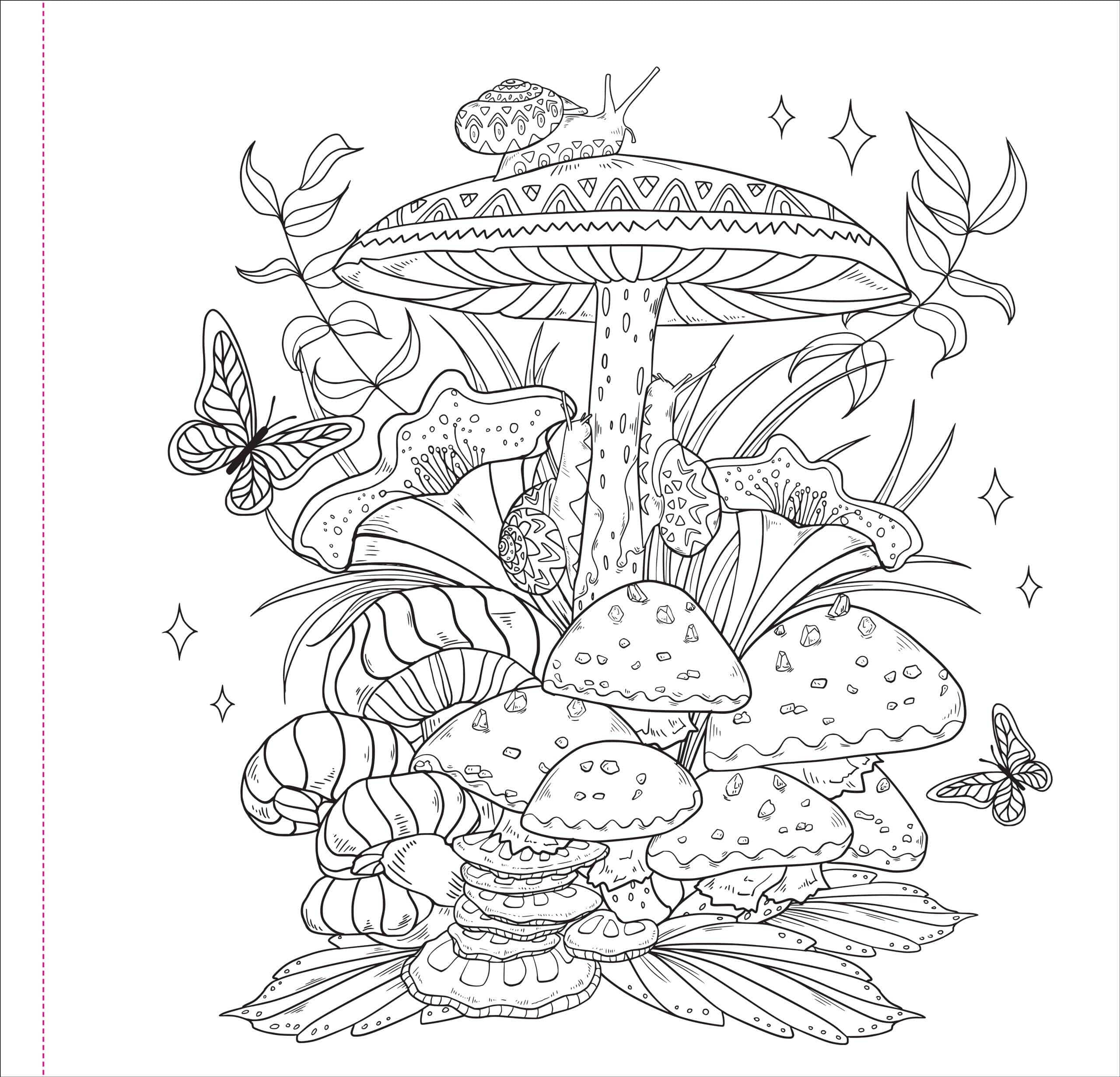 Intricate black and white drawing of mushrooms, plants, and butterflies. A snail rests on a mushroom, creating a whimsical, nature-inspired scene.