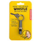 A mini keyring whistle on yellow packaging. Described as super loud, great for emergencies, and lightweight. Includes an illustration of a person using it.