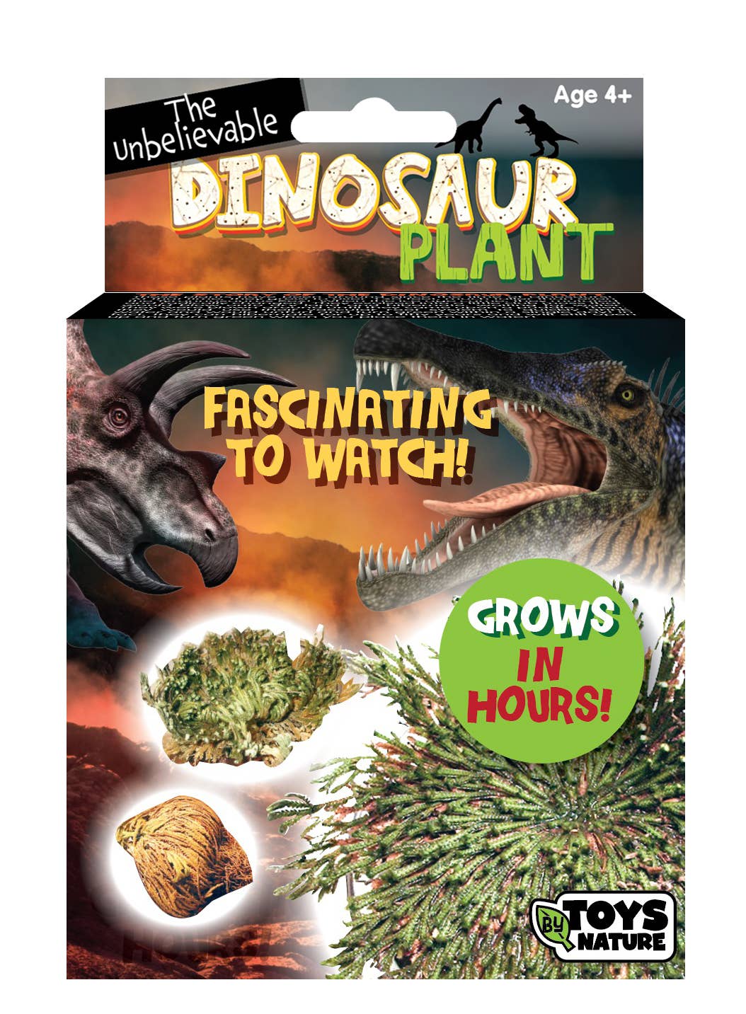 Packaging for "The Unbelievable Dinosaur Plant" by Toys By Nature. Features dinosaurs, the text "Fascinating to watch!" and "Grows in hours!"