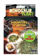 Packaging for "The Unbelievable Dinosaur Plant" by Toys By Nature. Features dinosaurs, the text "Fascinating to watch!" and "Grows in hours!"