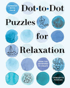 Cover with a grid of blue watercolor circles, some with dot-to-dot drawings of a kite and a sailboat. Text: "Dot to Dot Puzzles for Relaxation."