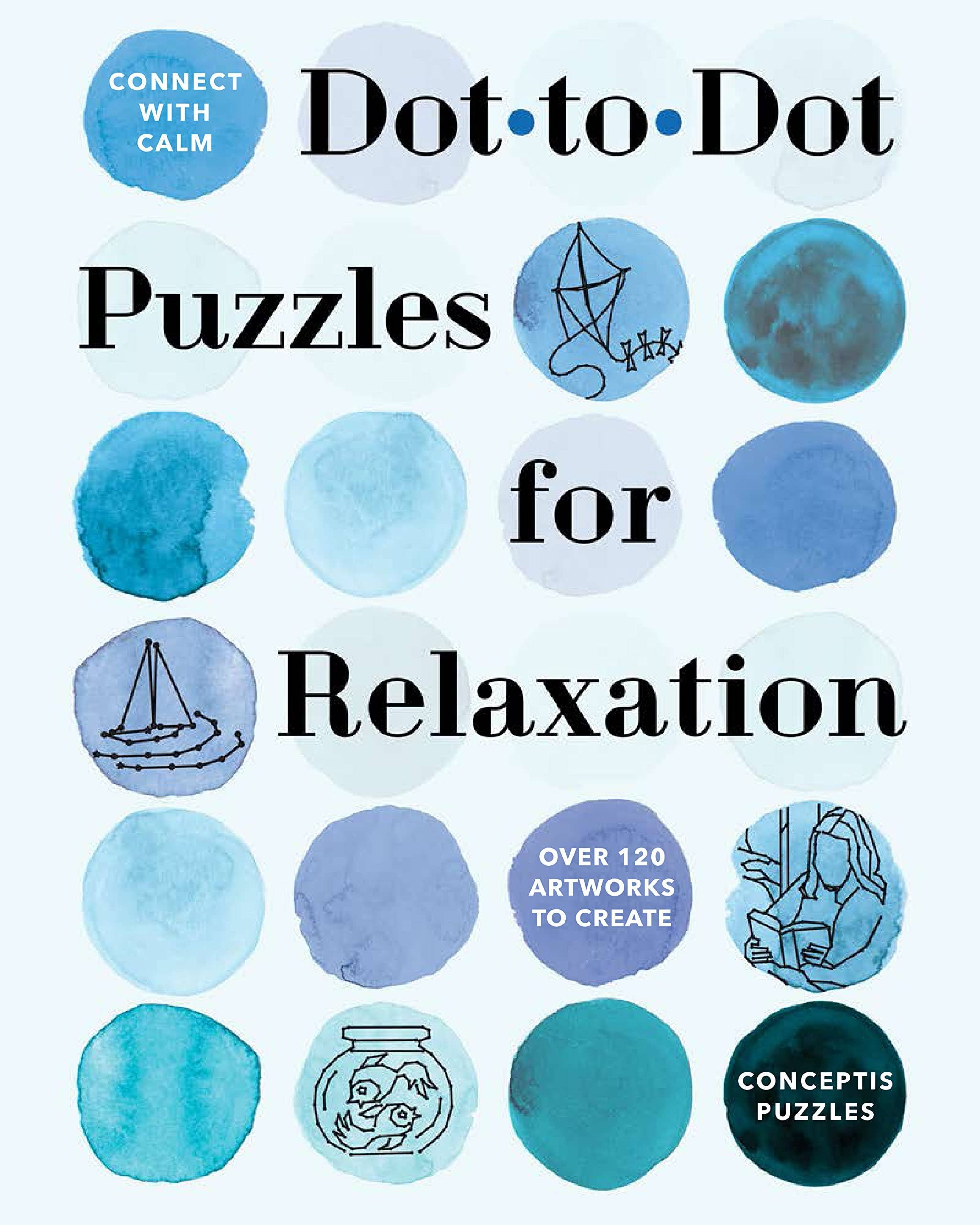 Cover with a grid of blue watercolor circles, some with dot-to-dot drawings of a kite and a sailboat. Text: "Dot to Dot Puzzles for Relaxation."