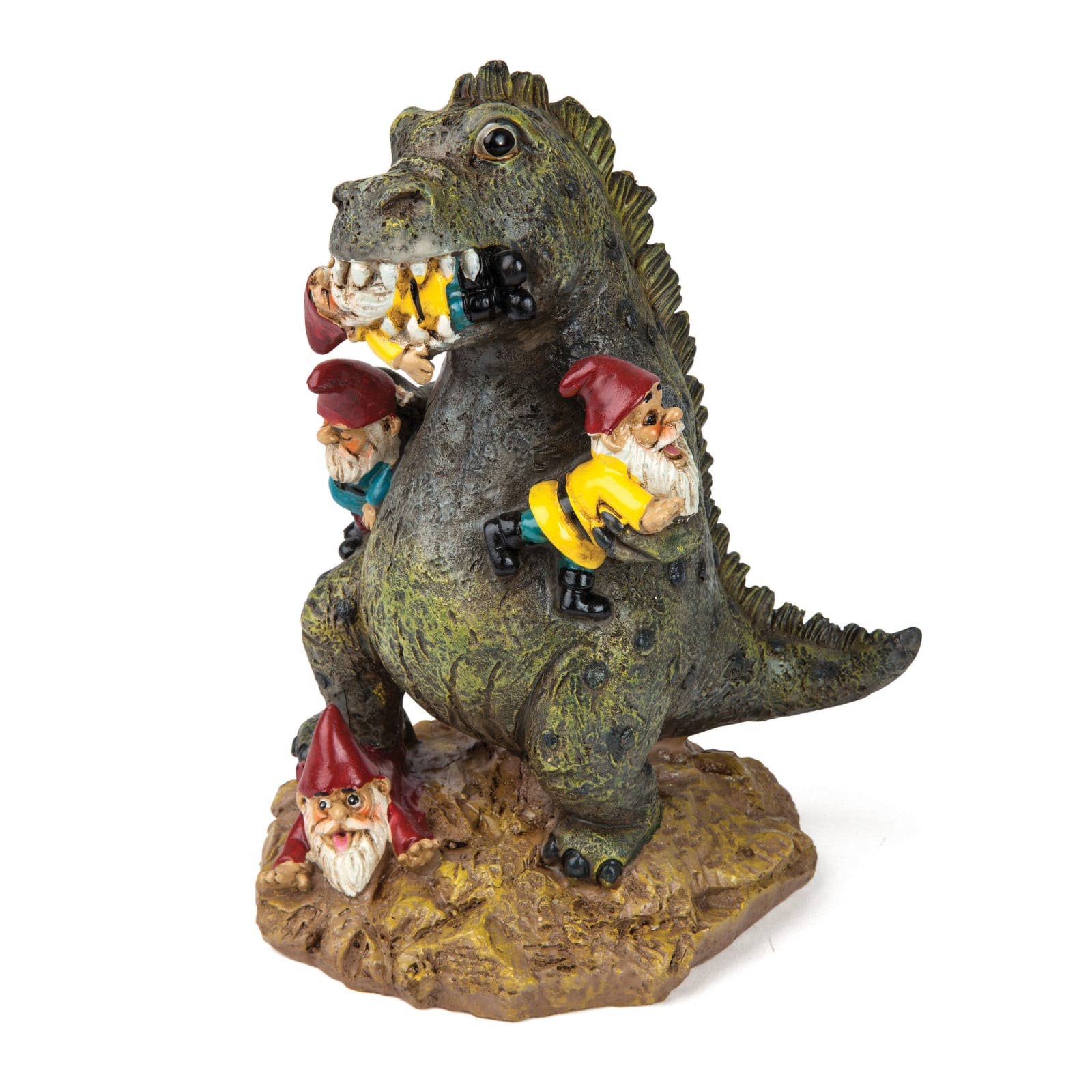 A whimsical garden sculpture depicts a green dinosaur playfully interacting with four garden gnomes. The gnomes appear to be climbing and clinging to the dinosaur, with one gnome in the dinosaur's mouth, creating a humorous and mischievous tone.