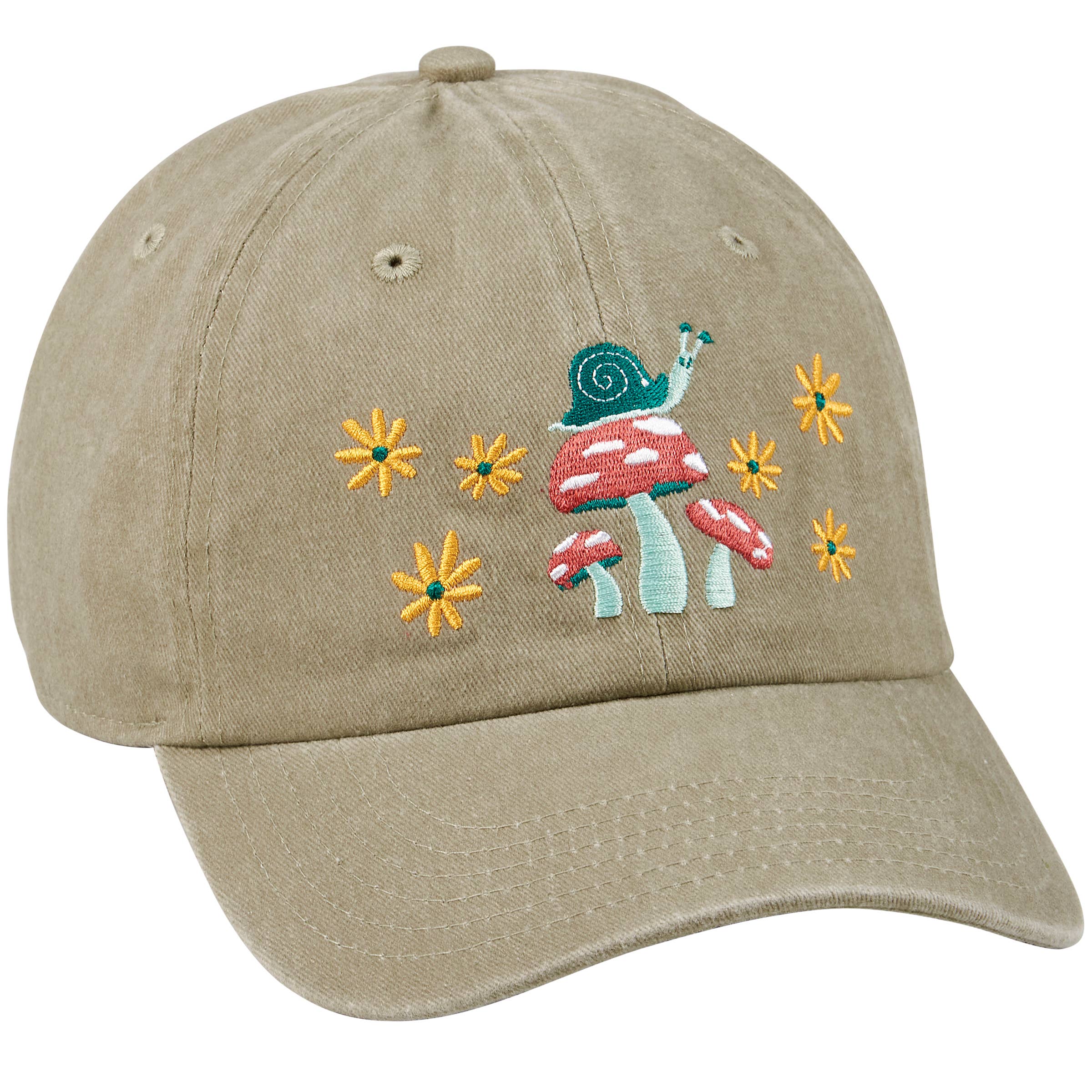 A tan baseball cap featuring a whimsical embroidered design on the front. The embroidery depicts a small green snail sitting atop a red mushroom with white spots, surrounded by five yellow and orange flowers with blue centers.