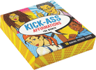 A colorful box titled "Kick-Ass Affirmations for Women" with pop art illustrations of diverse, empowered women, evoking a bold, empowering tone.
