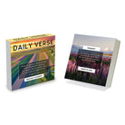 Two "Daily Verse" calendars. The left shows vibrant tulip fields; text includes a scripture verse. The right calendar shows lupine flowers and mountains, dated March 25, 2026.