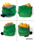 Four pictures of a green dumpster fire plushie from different angles. Top left shows the front: a plushie green dumpster fire with a smiley face, black embroidery that says 'i'm fine... everything is fine!' and black legs sticking out from the bottom, with yellow flames coming out of the top. Top right shows the back of the plushie. The bottom images show the sides of the plushie.